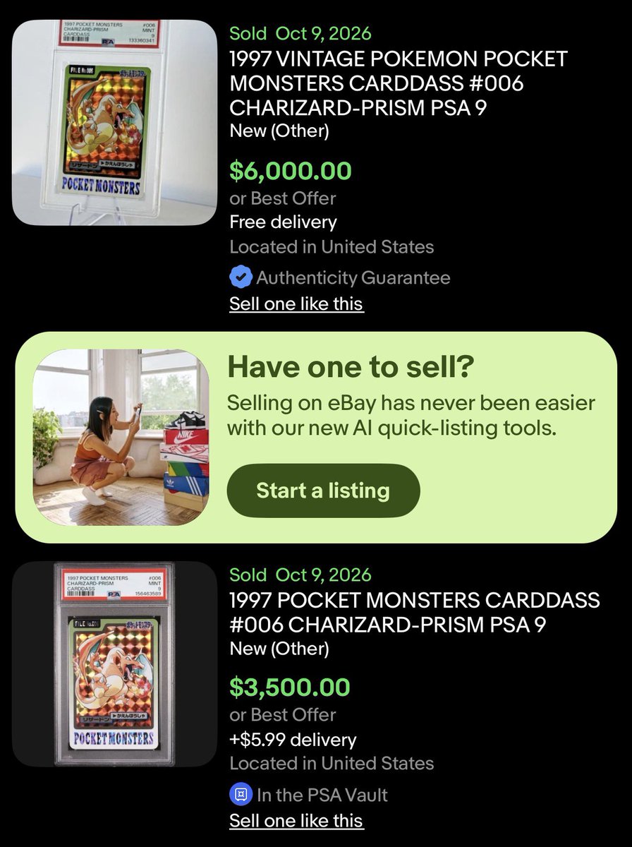 urbanmedium's tweet photo. 1997 Carddass Charizard 006 PRISM…yesterday back-to-back PSA 9 sales. $3.5k and then (listed $6k) $4.7k accepted. 📈 https://t.co/AztQKaKxzI