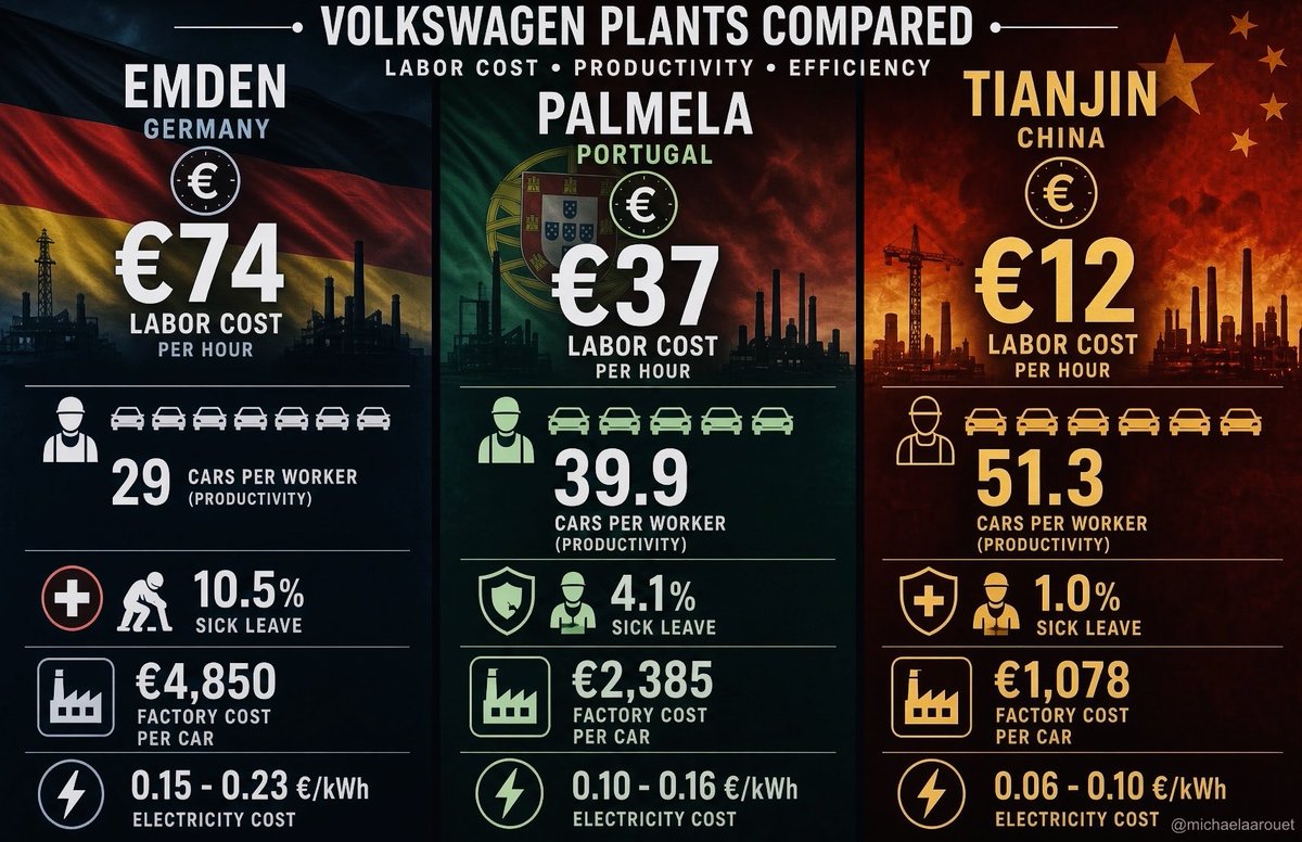 MichaelAArouet's tweet photo. This is really eye-opening. Most Germans don’t yet understand what is coming. Germany has gone from a global manufacturing superpower to an expensive, unproductive, inefficient sick man of Europe.

No one in Europe works fewer hours per year than the Germans. Mentally stuck in the last century, they waste time on bureaucracy, regulations, unions and works councils, while others focus on productivity and efficiency. And then the left tells them every day that they don’t need to work harder, that “tax the rich” will solve the problem instead.

Germany will buy a few years with more debt to mask its decline, left laziness and complacency. This won’t last forever. The current wave of weekly insolvencies and mass layoffs will one day feel like a walk in the park compared with what is coming. Prosperity is not granted forever.