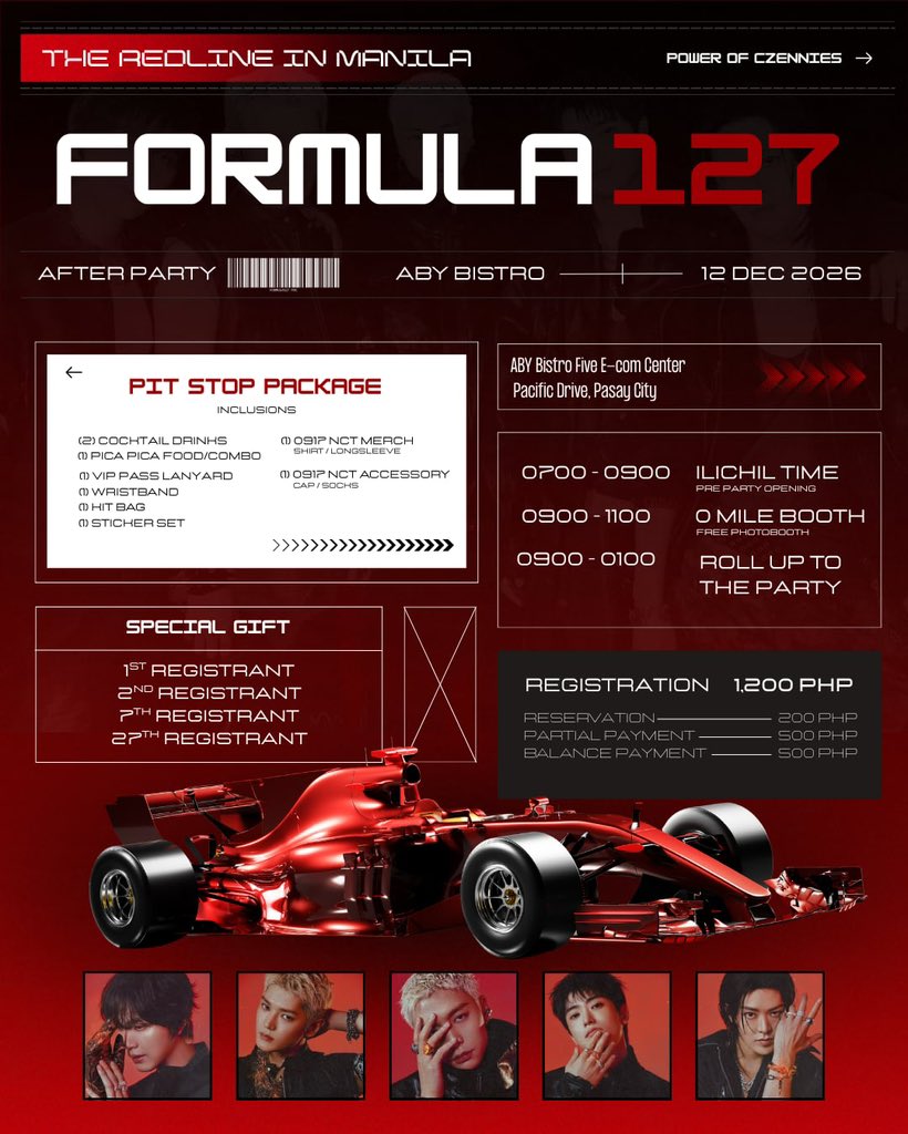 CzenniesPH's tweet photo. 🏁Formula 127: After Party Event for ‘NEO CITY: THE REDLINE’ in Manila

Czennies, hit the after-party circuit! No pit stops, no speed limits, just straight-up Fact Check on the dance floor. 🏎️🔥

🎟️PHP 1200
📅 December 12, 2026 SAT
📍 ABY Bistro, Five E-COM Center MOA Complex
🔗 https://t.co/y5keJhlOLv

AY-YO! SEE YOU IN NEO CITY!💚
#NCT #NCT127 #THE_REDLINE
#NCT127_5TH_NEOCITY_THE_REDLINE
#NCT127inMANILA2026
#Formula127byPOC