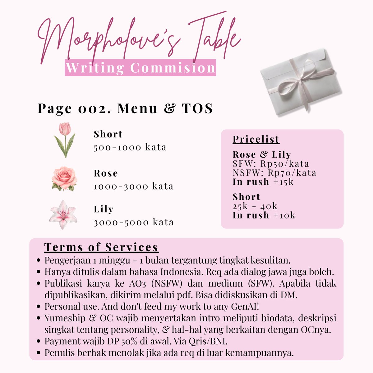 morpholove's tweet photo. SUARAYU'S WRITING COMMISION! 
🩷 and 🔄 are appreciated <33

Morpholove's table currently open for narration only. Since it's my first open comms, tulisan dengan pair dari main ship (inc. switch sesuai notes) akan mendapatkan diskon 20%!

Knock @morpholove's DM for order 💌 https://t.co/vwnoOfSmqj