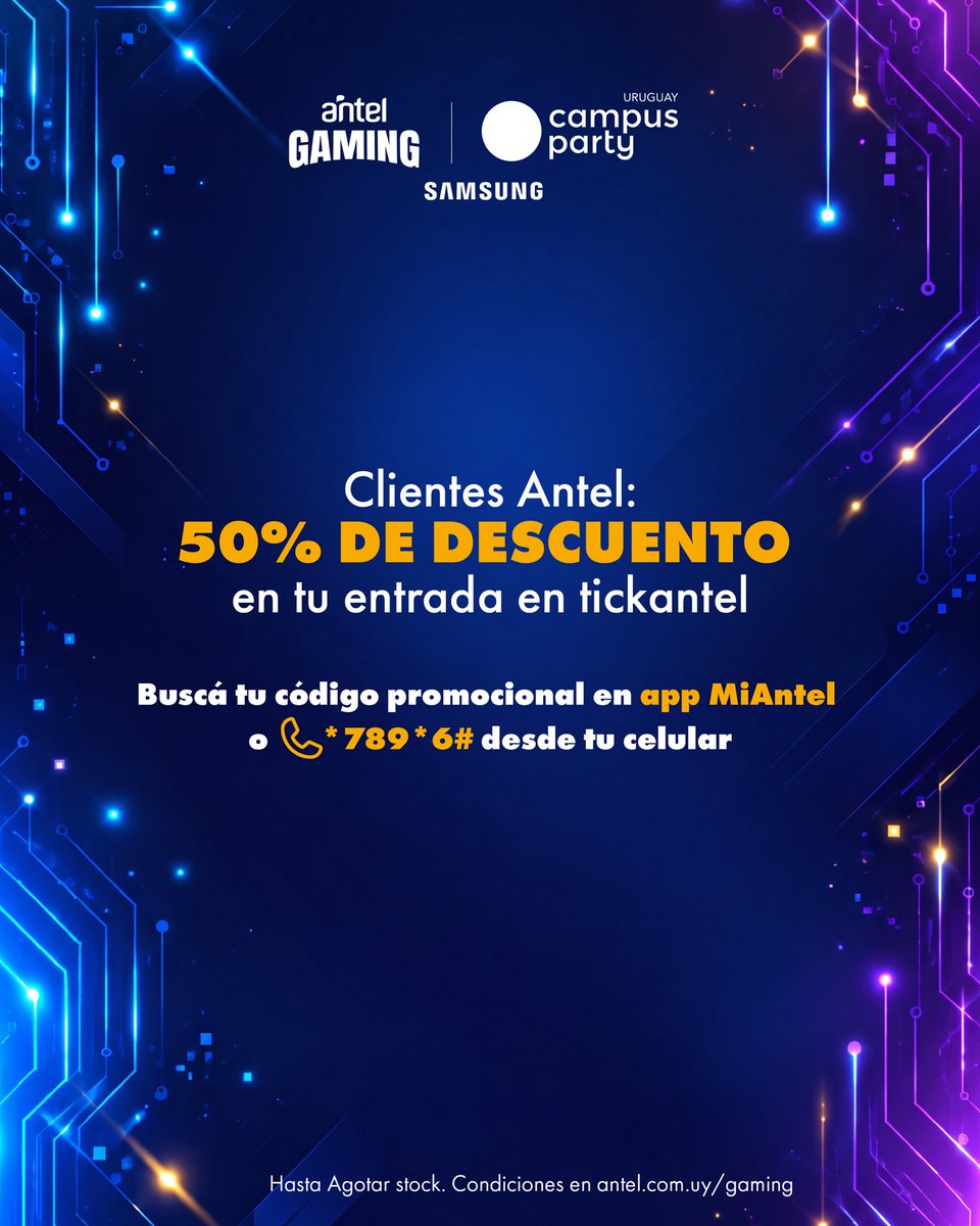 AntelDeTodos's tweet photo. ¡Conseguí tu entrada al 50% OFF!  
30 de octubre | Tech Day
IA, robótica, innovación y nuevas ideas.
 
31 de octubre | Gaming Day
Gaming, esports, cosplay y desafíos para toda la comunidad.
 
Antel Arena | Montevideo
 
Obtené tu código promocional en la app MiAntel y comprá tu entrada en Tickantel Beneficio exclusivo para clientes móviles de Antel
