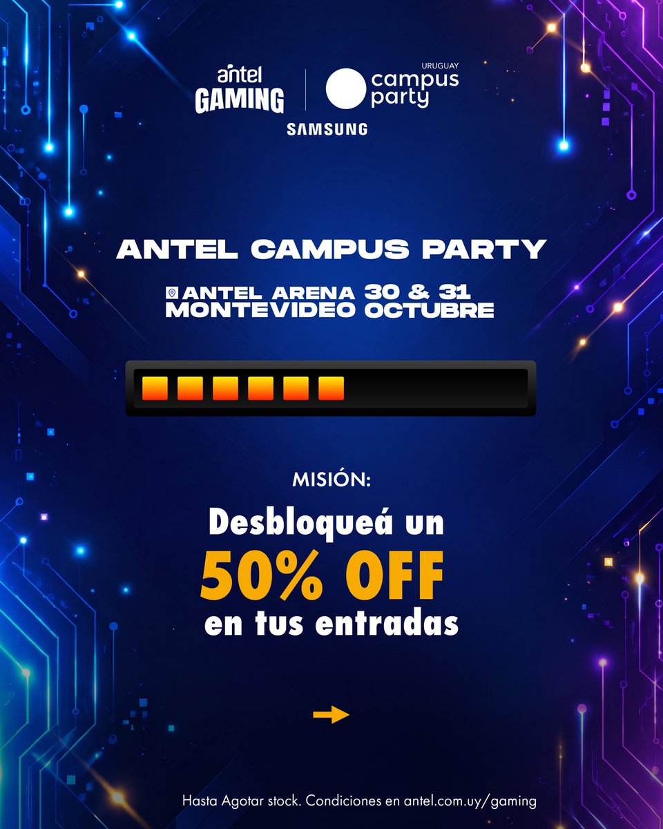 AntelDeTodos's tweet photo. ¡Conseguí tu entrada al 50% OFF!  
30 de octubre | Tech Day
IA, robótica, innovación y nuevas ideas.
 
31 de octubre | Gaming Day
Gaming, esports, cosplay y desafíos para toda la comunidad.
 
Antel Arena | Montevideo
 
Obtené tu código promocional en la app MiAntel y comprá tu entrada en Tickantel Beneficio exclusivo para clientes móviles de Antel
