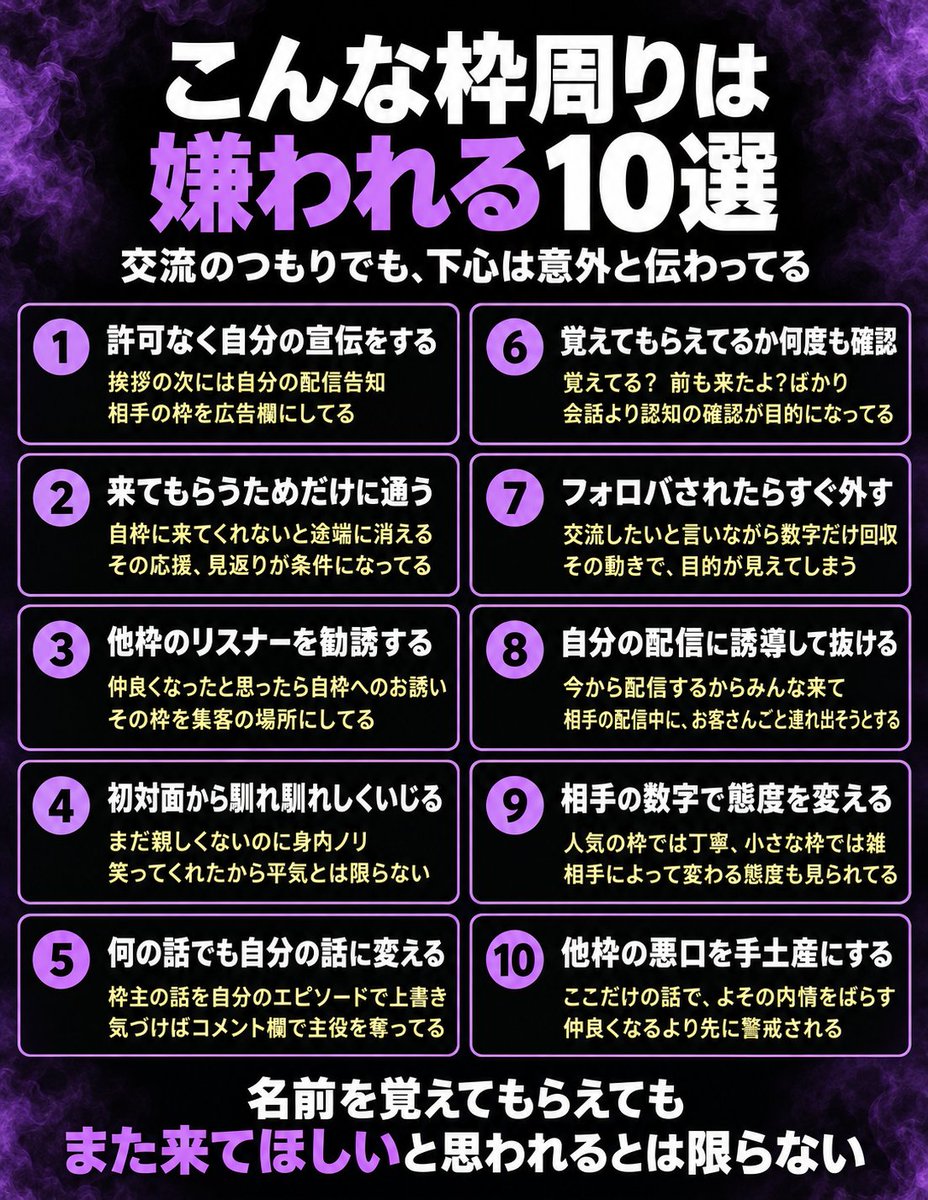 nahari1227's tweet photo. 【こんな枠周りは嫌われる10選】

知ってもらいたくて通った枠で
関わりたくない人として覚えられてしまうこともある

会いに来てくれたのか
自分を売り込みに来たのか
その違いは、会話の端々に出る

名前を覚えてもらうことと
また会いたいと思ってもらうことは別なんだよね https://t.co/ITLsNA2A35
