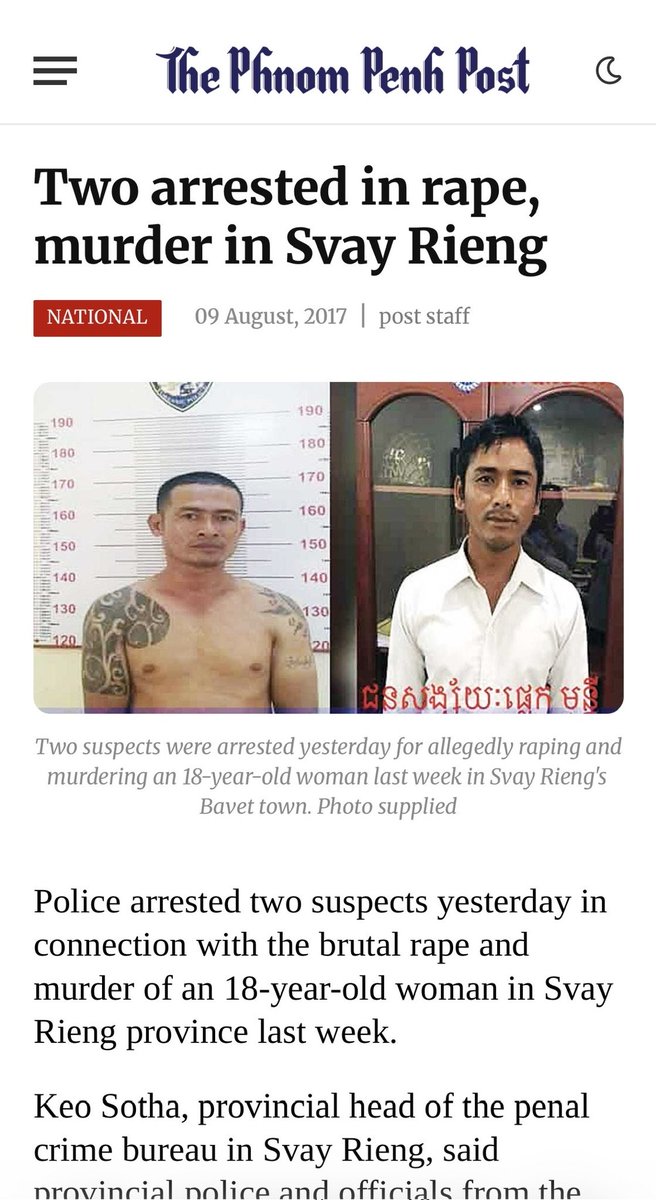 mominoga's tweet photo. 集団レイプが男性の『娯楽』の国、カンボジアらしい出来事がまたあった！

カンボジアで18歳女性がタクシーを利用したら、このタクシー運転手ともう一人の男性からレイプされた事件があった(写真の男性たち)

レイプ後スカーフで絞殺。
遺体を岩に縛りつけ、池に投げ捨てた。
遺体は顔を下にして発見され、ズボンが片方の足に引っかかった状態だった。

この事件をテレビの朝の番組でキャスターのMeas Rithy
が取り上げ、このように発言。

「虎の爪にかかったら、抵抗せずに受け入れろ。抵抗すると殺される。命を守れ」

「一部の女性は、レイプ犯を罵ったり叫んだりすべきではない。虎の牙にかかったら、そのままにしろ。レイプさせろ」

レイプ犯に向かって「レイプしたあとは殺すな。なぜ命を残さないんだ？」😱

つまり「殺されたくなかったら抵抗せずにレイプを受け入れろ」という趣旨の発言をし、被害者を「物」のように扱い、「殺さずにまた使えるようにしておけ」と言っているように聞こえたため、強く批判された。

共演者も「女性は一人でタクシーに乗らない方がいい」と被害者側を非難するようなコメントをした。

Meas Rithyは、テレビ局の副ディレクターでもある人物で、後に「冗談だった」「女性を教育するつもりだった」と釈明し謝罪。

でもこれって、レイプを正当化・常態化しているコメントだと思いませんか？
抵抗すると殺されるから、レイプは受け入れろってテレビで局の重鎮が言っているんですよ！？
強姦魔が言っているんではないんです！

こういう国から移民沢山受け入れて、女性の安全は守れるのか💢