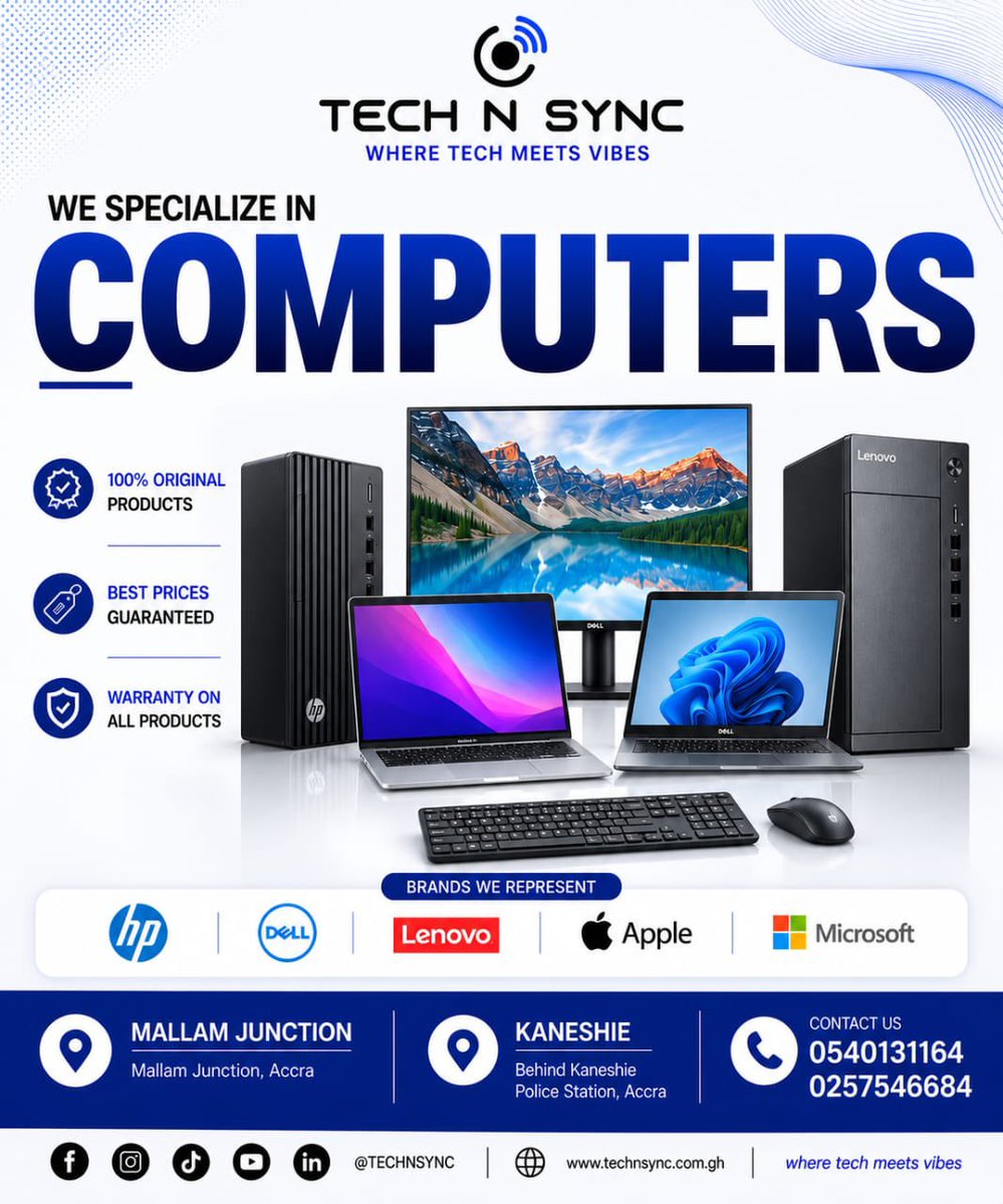 technsync's tweet photo. 💻🔥 Looking for a reliable computer? Tech N Sync has you covered! 😍

From HP to Dell, Lenovo, and Apple, get 100% original products, the best prices, and warranty on all products! 🖥️✨

📍 Mallam Junction &amp; Kaneshie, Accra
📞 0540131164 | 0257546684
🌐 https://t.co/FkWTpqGIHC  https://t.co/R5wbUD2Hgr