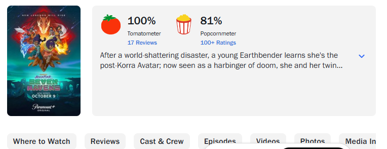 ParamountWarner's tweet photo. ACLAMAÇÃO! Avatar: Os Sete Refúgios está atualmente com 100% de aprovação da critica especializada no Rotten Tomatoes baseado em 17 reviews.