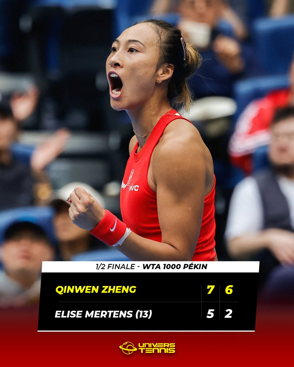 UniversTennis's tweet photo. ZHENG EN FINALE À PÉKIN 🇨🇳

Zheng Qinwen domine Elise Mertens et atteint sa deuxieme finale en WTA 1000, la deuxième en Chine après Wuhan 2024.

La Chinoise retrouve le TOP 30 et jouera pour son deuxième grand titre après les Jeux Olympiques. ⭐️