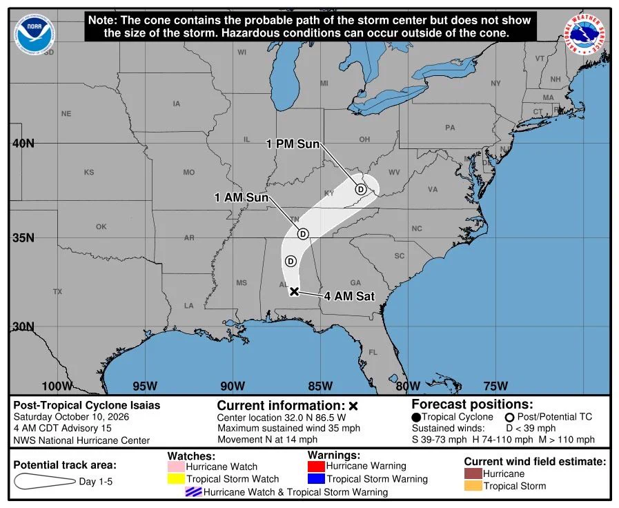 National Hurricane Center forecast issued at 4 AM CDT October 10, 2026, showing Post-Tropical Cyclone Isaias over southeastern Alabama with maximum sustained winds of 35 mph, moving north at 14 mph. The forecast track takes the system north through Alabama and Tennessee, then northeast toward Kentucky and West Virginia by Sunday afternoon. The white cone indicates uncertainty in the storm center's path, not the full extent of hazardous weather.