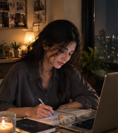 A young woman writing at a desk with a notebook and laptop in a cozy room lit by a lamp and candle, with photos and plants visible in the background.