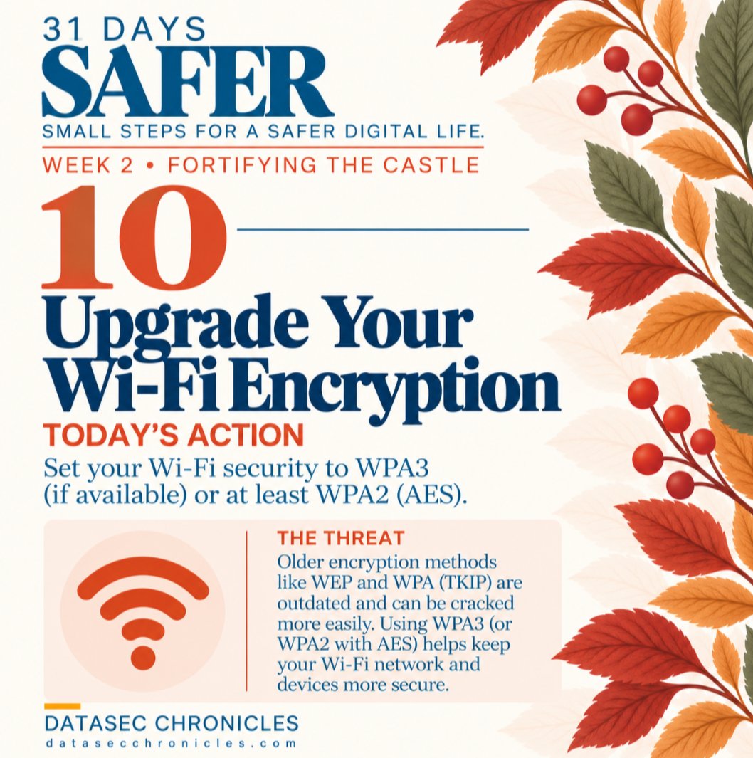 DataSecChron's tweet photo. Day 10 of #31DaysSafer π
Today: Upgrade Your Wi-Fi Encryption.
Yesterday, we secured our router's admin credentials. Today, we're checking how our Wi-Fi network is protected.
Look for WPA3 in your router's security settings. If it's not supported, WPA2-AES is a secure alternative.
Still using WEP or older WPA? It's time for an upgrade!
One small step. One day safer. π
#CybersecurityAwarenessMonth #DigitalHygiene #InfoSec