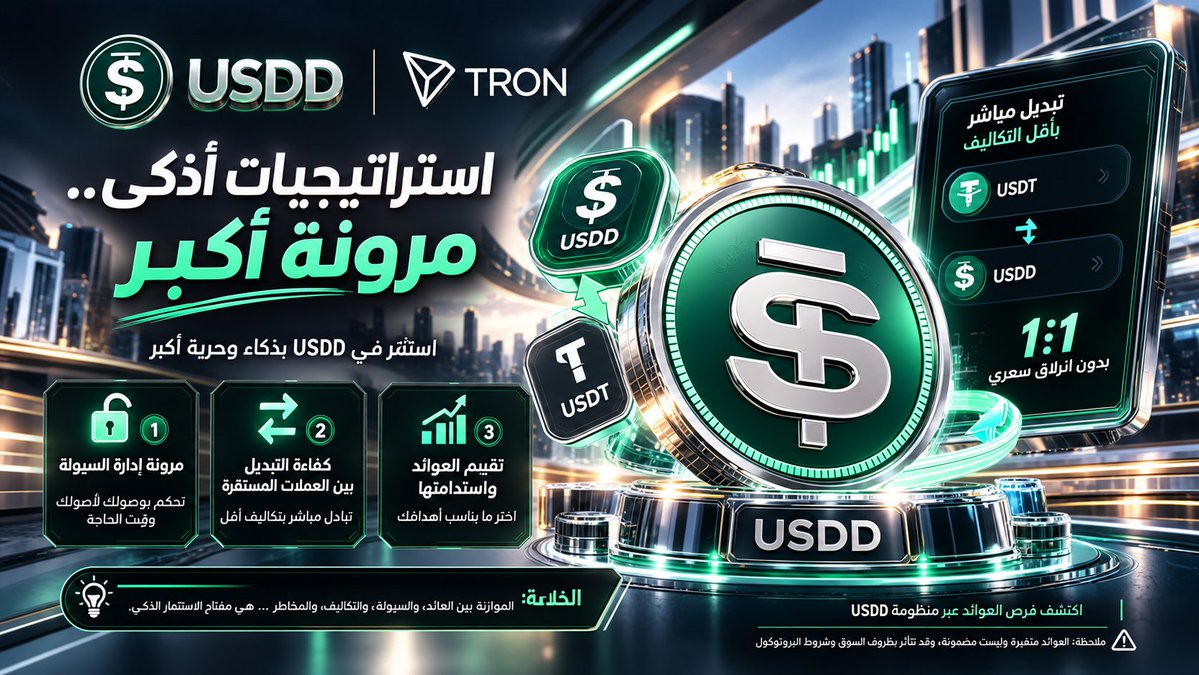 BllackX6's tweet photo. 💎 في عالم التمويل اللامركزي، قد تأتي العوائد أحياناً على حساب حرية إدارة رأس المال؛ بين أصول مقفلة لفترات محددة، وتكاليف إضافية عند تبديل العملات. لكن كيف يمكن للمرونة أن تغيّر تجربة الاستثمار مع #USDD؟

الاستراتيجيات المعقدة مو دائماً هي الخيار الأفضل. فالمستثمر يحتاج إلى فهم العائد المتوقع، والأهم من ذلك، معرفة مدى قدرته على الوصول إلى أصوله وإدارة سيولته وفقاً لاحتياجاته. وهنا تبرز أهمية تصميم استراتيجيات تجمع بين فرص العائد ومرونة الاستخدام

كيف تظهر هذه المرونة عملياً؟ خلينا نستعرض 3 جوانب أساسية :

🔓 1. مرونة إدارة السيولة

فترات القفل وشروط السحب من أهم العوامل التي يجب دراستها قبل الدخول في أي استراتيجية. لذلك، من الضروري معرفة شروط الإيداع والسحب لكل منتج، ومدى إمكانية استعادة الأصول عند الحاجة، بدلاً من افتراض أن جميع الاستراتيجيات تتيح سيولة فورية بلا قيود

🔄 2. كفاءة التبديل بين العملات المستقرة

تكاليف التبديل والانزلاق السعري قد تؤثر في صافي العائد. وتتيح آليات المبادلة المباشرة بين USDT وUSDD، عند توفرها وفق الشروط المحددة، فرصة لتقليل هذه التكاليف. لكن الوصول إلى نسبة تبديل 1:1 دون انزلاق يعتمد على آلية التنفيذ والسيولة وشروط المنصة، لذلك ينبغي التحقق منها قبل الاستثمار

📊 3. تقييم العوائد واستدامتها

العائد المرتفع وحده لا يكفي لاتخاذ القرار. الأهم هو فهم مصدر العائد، والرسوم والمخاطر المرتبطة به، ومدى تغيره مع ظروف السوق. فالهدف ليس مطاردة أرقام مؤقتة، بل اختيار استراتيجية تتناسب مع أهدافك وقدرتك على تحمل المخاطر.

💡 الخلاصة: إدارة السيولة بذكاء لا تعني البحث عن العائد فقط، بل الموازنة بين العائد المتوقع، ومرونة السحب، وتكاليف التنفيذ، ومستوى المخاطر. وكلما كانت شروط الاستراتيجية واضحة، أصبح تقييمها واتخاذ القرار بشأنها أكثر وعياً.

اكتشفوا فرص العوائد المتاحة عبر منظومة USDD، وراجعوا شروط كل استراتيجية قبل اتخاذ قرار الاستثمار

📌 ملاحظة: العوائد متغيرة وليست مضمونة، وقد تتأثر بظروف السوق وشروط البروتوكول. كما أن العملات المستقرة واستراتيجيات التمويل اللامركزي تنطوي على مخاطر محتملة

@trondao @TronDao_AR @justinsuntron @USDDecentralize

#USDD #TRON #DeFi #Stablecoins #CryptoTreasury #PassiveIncome #TGF #TRONGlobalFriends