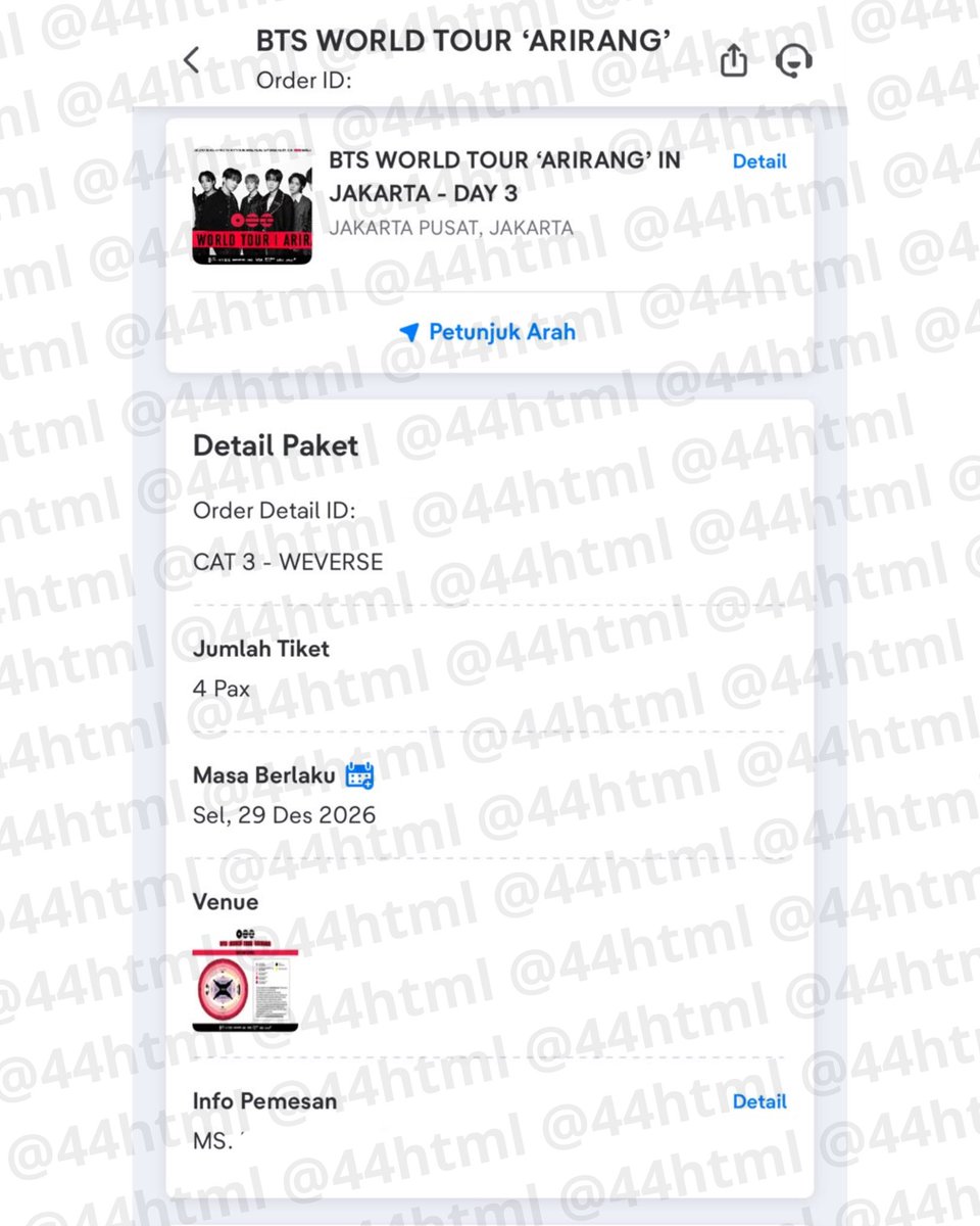 44html's tweet photo. WTS WANT TO SELL
BTS ARIRANG IN JAKARTA

CAT 3 DAY 3 (1 TIX) 
ZONE 6B/7A DOOR 70 19-81
💵 Rp2.800.000

✅ kalo bisa fullpay yah, dm aja https://t.co/ludcYNPvR4