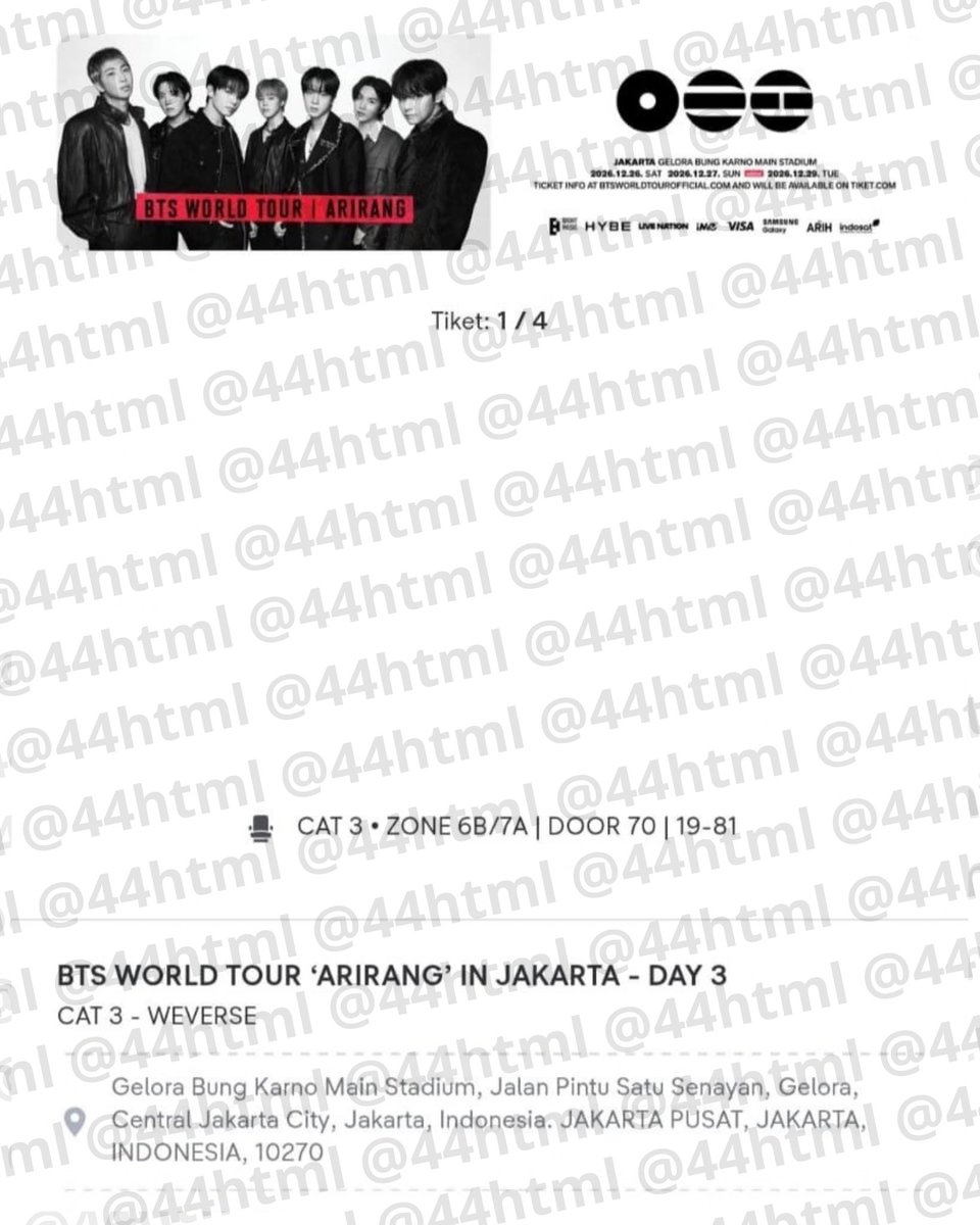 44html's tweet photo. WTS WANT TO SELL
BTS ARIRANG IN JAKARTA

CAT 3 DAY 3 (1 TIX) 
ZONE 6B/7A DOOR 70 19-81
💵 Rp2.800.000

✅ kalo bisa fullpay yah, dm aja https://t.co/ludcYNPvR4