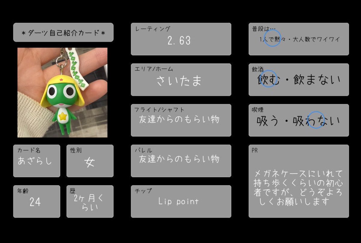 7xulj's tweet photo. ダーツをつい最近始めたばかりです！
自分に合うものをどんどんみつけていきたい〜〜

 #ダーツ自己紹介カード 
 #ダーツ 
 #ダーツ女子 
 #ダーツ好きと繋がりたい https://t.co/Y98ieM1kZo