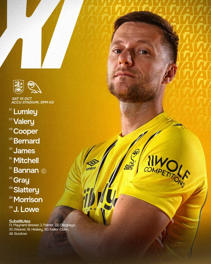 TheWordSWFC's tweet photo. #SWFC line-up largely as expected this afternoon...
Bernard into the XI, Lowe starts up front, and there's no Santos or Al-Hamadi in the squad. https://t.co/lxCAWY9pct