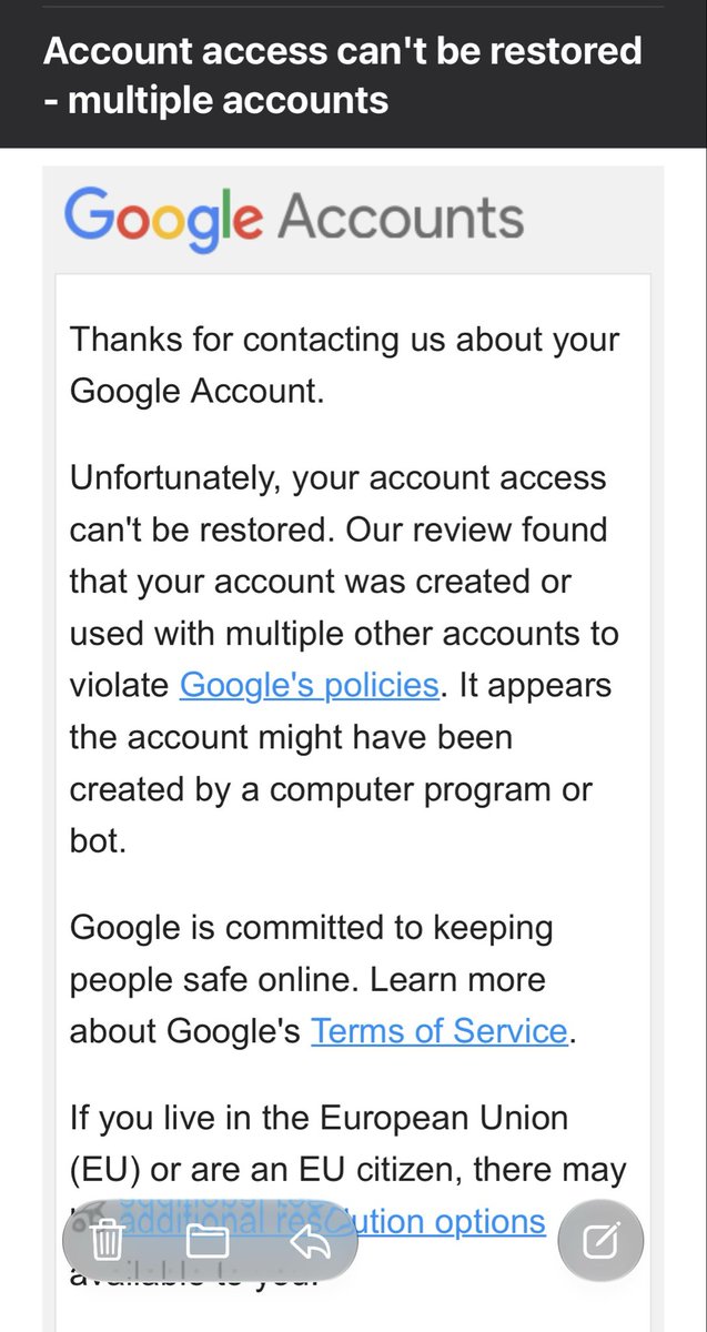 evkodev's tweet photo. The @Google saga continues. Seems like they think I’m a bot, of which I am clearly not. I can’t even prove to them I’m not. They just straight up have denied my claim. I don’t know what to do at this point. My account was the sso into all my services. @Firebase @googlecloud @gmail