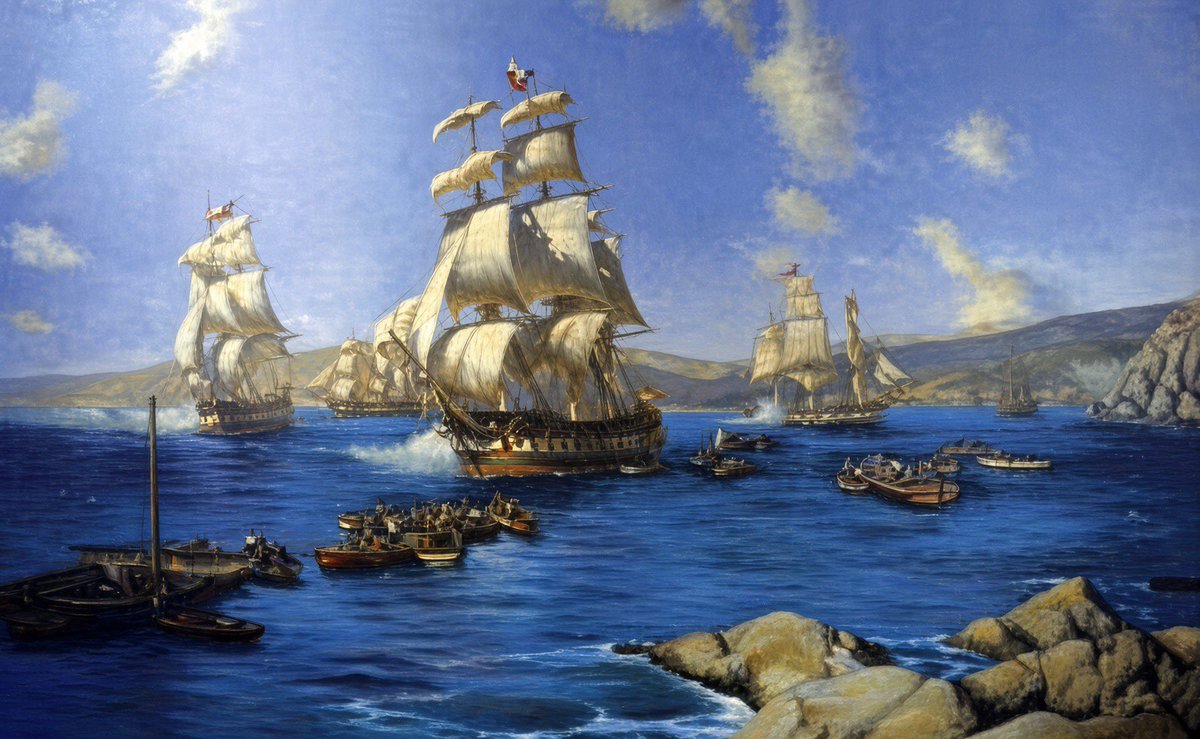 MemoriaHisto's tweet photo. 📆 Efemérides | 10 de octubre de 1818 Zarpa desde Valparaíso la Primera Escuadra Nacional
Bajo el mando de Manuel Blanco Encalada, y por iniciativa de Bernardo O’Higgins y José de San Martín, cuatro naves (San Martín, Lautaro, Chacabuco y Araucano) se hicieron a la vela con la misión de interceptar un convoy español que transportaba refuerzos para los realistas del sur.
Desde los cerros del puerto, O’Higgins las despidió con la frase que quedó en la historia:
«De estas cuatro tablas penden los destinos de América».
Días después, el 28 de octubre, la escuadra capturó en Talcahuano la fragata española Reina María Isabel. Con ese primer ensayo, Chile comenzó a disputar el dominio del Pacífico y aseguró un elemento decisivo para la independencia.
#ClavesDeLaHistoria #Efemérides #ArmadaDeChile #HistoriaDeChile 
#MemoriaHistórica