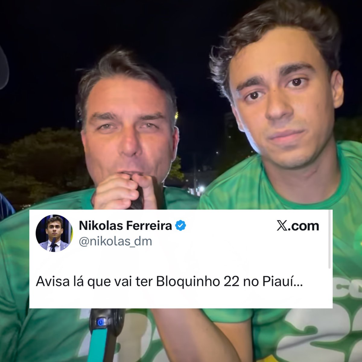 FuxicoTeresina's tweet photo. 🚨ATENÇÃO: Nikolas Ferreira anuncia “Bloquinho 22” no Piauí para reforçar campanha de Flávio Bolsonaro no segundo turno; data será divulgada em breve. https://t.co/utal7sMTEV