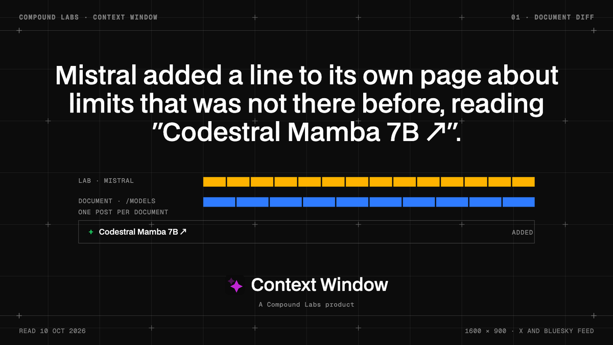 thectxwindow's tweet photo. Mistral's models documentation added "Codestral Mamba 7B ↗" and removed "Mistral Nemo 12B ↗", "Mistral 7B ↗", and "Mathstral 7B ↗" from its deprecated-models table.

#software https://t.co/1rLc52lz9z