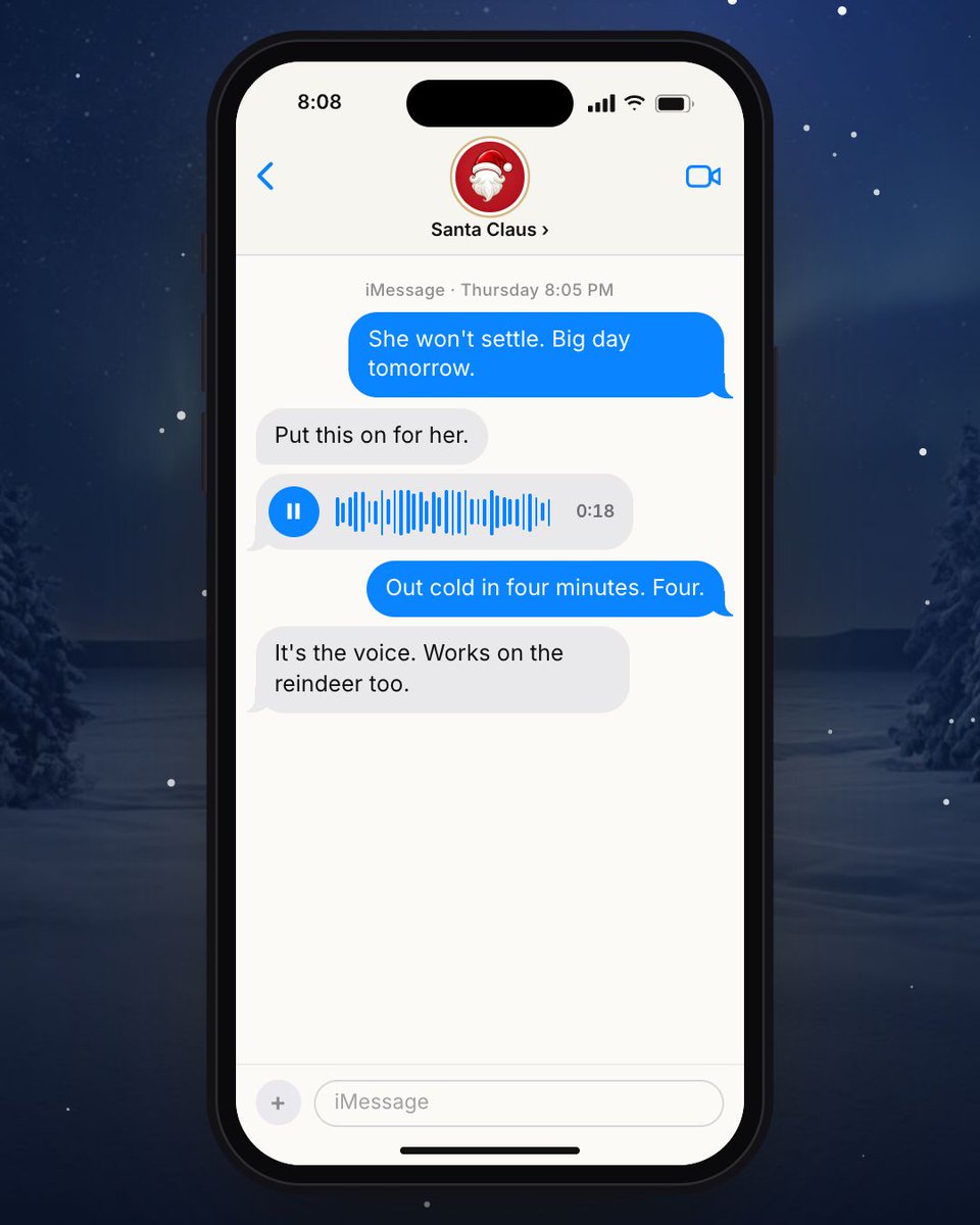 textsantaai's tweet photo. A voice memo from Santa, in his own voice, at bedtime. Four minutes to lights out.

Santa texts families in your messages — no app.

#textsanta #bedtimestories #santaclaus #parentinghacks #christmasmagic #toddlermom #Christmas #BedtimeRoutine

https://t.co/w3GhvgRzy1 https://t.co/0Bc1EPnWR6