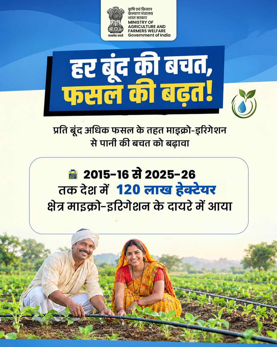 AgriGoI's tweet photo. हर बूंद की बचत, फसल की बढ़त!
पानी की हर बूंद का बेहतर उपयोग करने के लिए ‘प्रति बूंद अधिक फसल’ के तहत माइक्रो-इरिगेशन को बढ़ावा दिया जा रहा है। इसके अंतर्गत किसानों को BIS-प्रमाणित गुणवत्तापूर्ण सूक्ष्म सिंचाई उपकरणों के लिए वित्तीय सहायता/सब्सिडी प्रदान की जाती है, जिससे उन्हें कम लागत में टिकाऊ और भरोसेमंद सूक्ष्म सिंचाई प्रणाली उपलब्ध हो सके। वर्ष 2015-16 से अब तक देश में 120 लाख हेक्टेयर क्षेत्र माइक्रो-इरिगेशन के दायरे में आया है।
जल संरक्षण और संसाधनों के बेहतर उपयोग के साथ खेती को अधिक कुशल एवं टिकाऊ बनाने की दिशा में यह एक महत्वपूर्ण कदम है।

#PerDropMoreCrop #MicroIrrigation #WaterConservation #Agriculture #Farmers #agrigoi