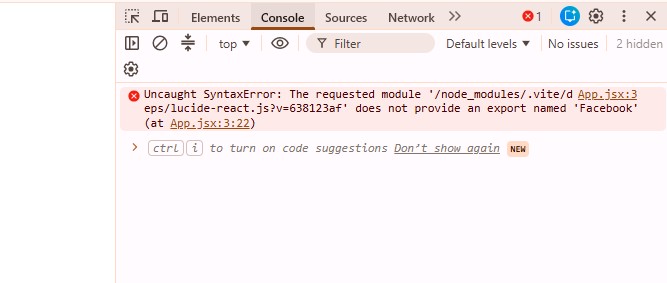 NKingsnansoh's tweet photo. Day 1 of building my app and Vite already told me:
“does not provide an export named ‘Facebook’” 

Turns out lucide-react removed brand icons like Facebook in newer versions. Debugging is 90% reading error messages and 10% crying.

#buildinpublic #reactjs #webdev https://t.co/7g6whPCOAO