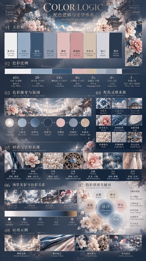 liluocheng13's tweet photo. ChatGPT prompt : Ultra-detailed cinematic fantasy portrait of a young Chinese celestial sword priestess, vertical 9:16.

CHARACTER
Ethereally beautiful young Chinese woman with a delicate first-love face: softly sculpted oval face, narrow nose, muted rose lips, melancholic almond eyes, subtle reddish eyeshadow, pale luminous porcelain skin with natural texture. A fragile, sorrowful, almost sickly beauty; serene, distant, restrained expression, as if carrying centuries of unspoken grief. Long jet-black hair blowing in celestial wind. No plastic skin, no heavy makeup, no artificial glamour.

COSTUME
Celestial ceremonial robes with enormous flowing silk sleeves: layered ivory-white silk, antique porcelain-blue brocade, desaturated indigo embroidery, dusty-pink peonies, white cranes, cloud and ocean-wave patterns, silver filigree, thousands of tiny pearls, cascading pearl necklaces, floral tassels, translucent ribbons. An elaborate yet elegant floral phoenix crown of silver botanical filigree, porcelain-blue gems, white blossoms, pearls and blush-pink flowers. Convincing physical texture and refined craftsmanship throughout.

SWORD & HANDS — CRITICAL
She holds one Chinese straight sword (jian) vertically before her body with both hands. Short slender hilt, symmetrical crossguard and long narrow double-edged silver blade on one continuous straight axis, the blade pointing clearly downward with sharp edges and subtle reflections. Hilt with fine silver engraving and a single small sapphire; no oversized handle, no excess ornament. Exactly five anatomically correct fingers per hand, ten in total: slender, graceful, realistic joints, natural curvature and overlap. No fused, missing, duplicated or distorted fingers.

CAMERA & COMPOSITION
Extreme low-angle worm's-eye view, wide-angle perspective, monumental divine presence. Full-length, centered, symmetrical. Face in the upper center, sword as the vertical axis, embroidered robes cascading toward the foreground, sleeves and ribbons spreading to the frame edges. Foreground blossoms softly blurred by shallow depth of field.

ENVIRONMENT
Enormous concentric luminous halos form a sacred mandala behind her head. Ancient Chinese mystical calligraphic symbols float in circular formations, lit by restrained champagne-gold light. Soft clouds, distant temple rooftops, drifting petals, fine particles, translucent mist. Strong but controlled backlight rims her hair and crown; soft bounce light on her face and silk.

COLOR
Chinese porcelain palette: antique porcelain blue and desaturated indigo as structure; ivory and pearl white dominant; dusty blush pink and faded coral as restrained accents; silver and pale champagne gold as highlights; cool blue-gray shadows with delicate warm accents. Harmonious, aristocratic, understated. No oversaturation, no heavy gold light, no harsh contrast, no artificial HDR.

ART DIRECTION
Chinese mysticism meets European Old Master painting, imperial Chinese textile artistry, Tibetan thangka ornamental precision, Rococo craftsmanship and contemporary cinematic fine-art photography. Photorealistic skin, authentic silk, realistic metallic reflections, cinematic chiaroscuro, atmospheric perspective, subtle 35mm film grain, painterly tonal transitions. First impression: fine-art photography. Second: a frame from an epic mythological film. Final: an exquisite classical oil painting.

No text, no watermark, no cartoon look, no excessive retouching.