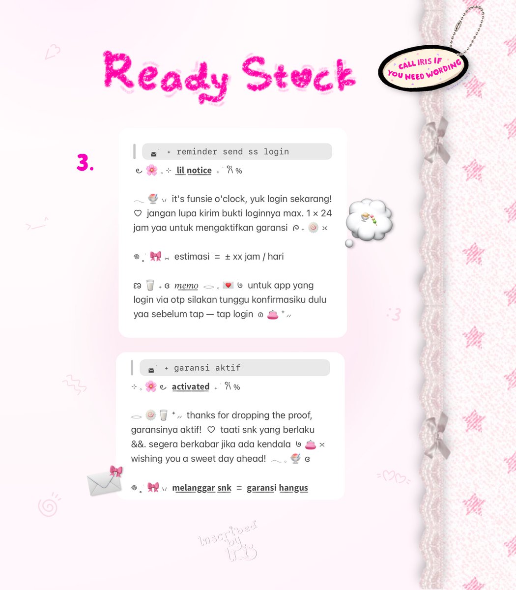 wordinh's tweet photo. ⠀
kindly tap retweet juseyo  ..  ♡

🌸🍥  back in stock  ..  < BUNDLE REMINDER SS LOGIN + GARANSI AKTIF WORDING >  🎀  only 10.000 coins / each!  💌  leggo chit — chat via dm to adopt yaa  🥛

tags  :  rs #bealanja https://t.co/64HCSg6sY9