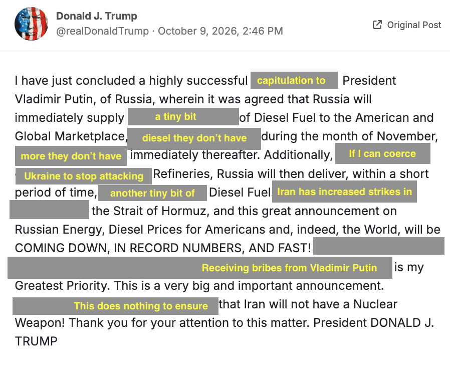 emptywheel's tweet photo. I've corrected the errors Natalie Harp put in Trump's post claiming the purported diesel deal with Vladimir Putin helps anything but his own pocketbook. https://t.co/lXjMGVwPeX