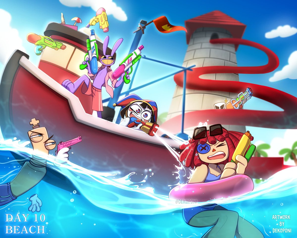 Dekoponi's tweet photo. #Digitaltober Day 10 : Beach

"Gotcha!" 

Team bad guys is back! But which team is going to grab a victory this time? 
#tadcfanart  #digitaltober2026 https://t.co/CKHvizIdsC