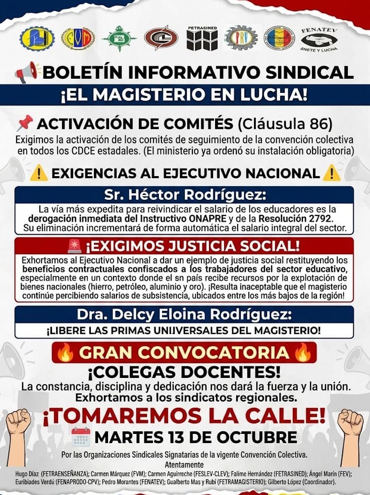 fvmluchaonline's tweet photo. El magisterio venezolano exige al Ejecutivo Nacional la restitución de los beneficios contractuales confiscados.
Participa este martes #13Oct (9:00 a.m.) en la protesta nacional por un #SalarioDigno 

CCS: Iglesia Sagrado Corazón / IPASME ➡️ Miraflores.

 Estados: Gobernaciones. https://t.co/gXh4dsBJdA