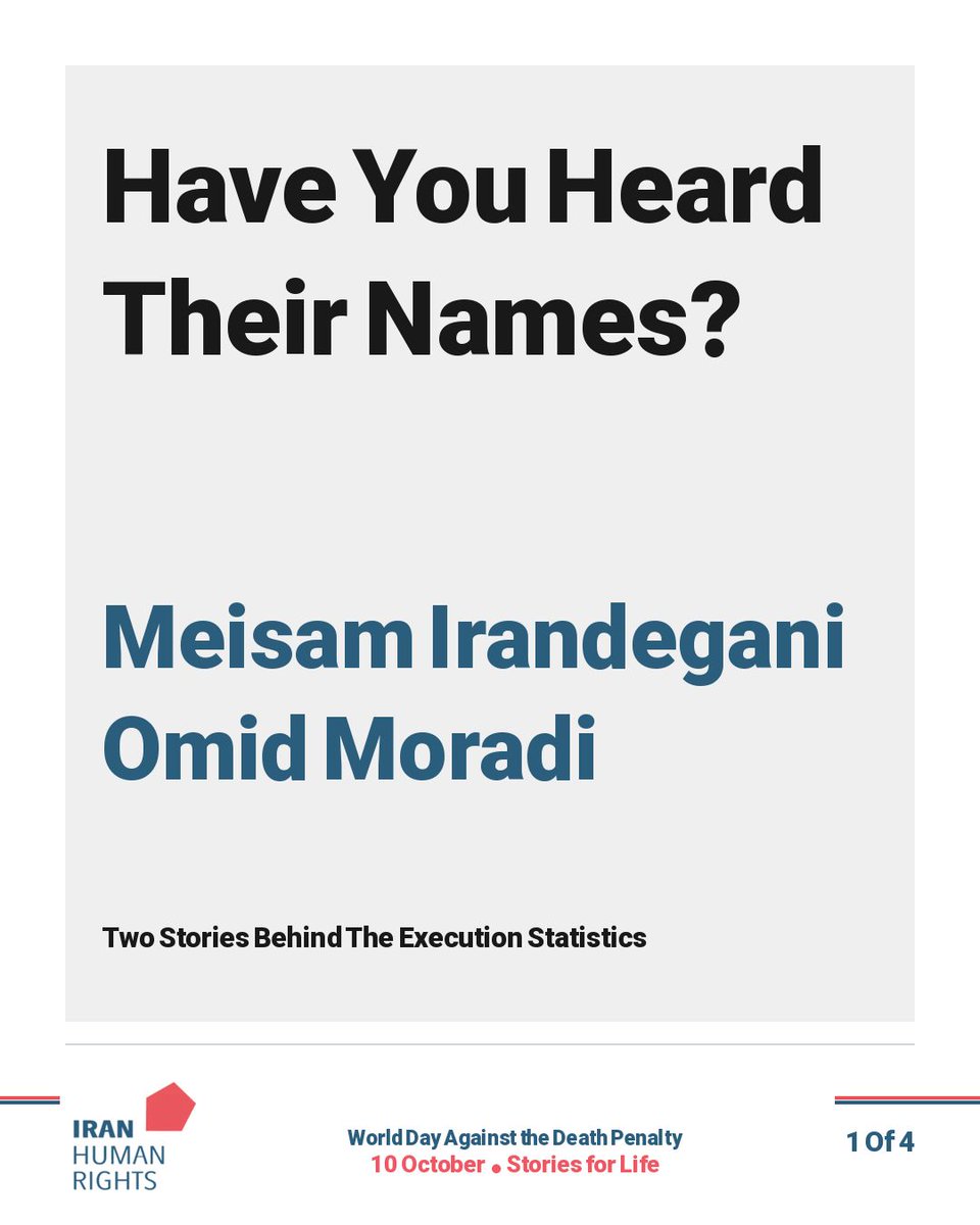 IHRights's tweet photo. Have you heard of Meisam Irandegani and Omid Moradi?

At 14, Meisam became involved in a fight while defending his grandfather; at 16, Omid took the blame for a crime committed by his friend. Both were executed.

Our demand: a moratorium on executions for all charges must be a central priority in every international engagement with the Islamic Republic.

Today, 10 October, is World Day Against the Death Penalty, with the theme “Stories for Life”. Mahmood Amiry-Moghaddam, Director of Iran Human Rights, reminds us that wherever the death penalty is used, efforts are often made to dehumanise those sentenced to death. To justify an inhumane punishment, the human being behind the case and the charges must first be erased. #NoDeathPenalty  #StopExecutionsInIran