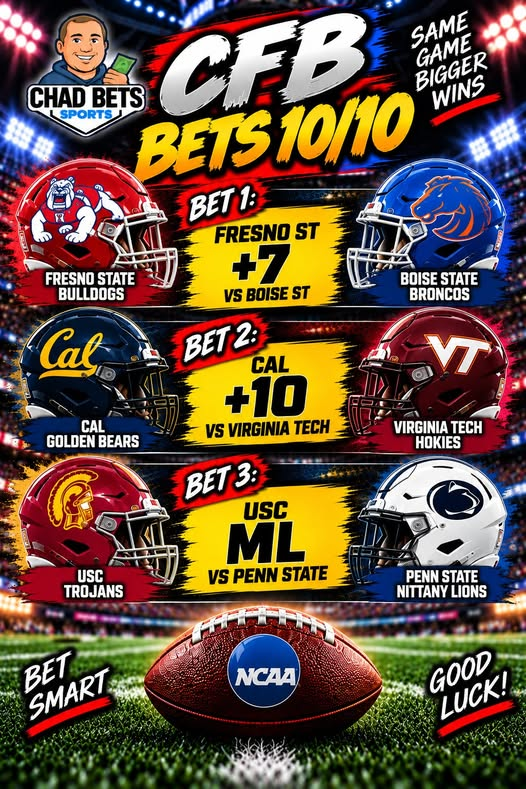 ChadBetsSports's tweet photo. CFB Bets 10/10:

Fresno State +7
Cal +10
USC ML

On Watch List (the number isn't there yet but if it gets there will be making the bet)

Missouri -2.5
Purdue +3.5

#CFBBets #CollegeFootball #SportsBetting https://t.co/NswWUA2d2i