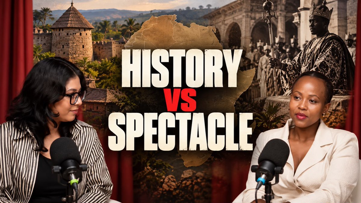 A podcast thumbnail titled "HISTORY VS SPECTACLE" shows two women seated with microphones against a backdrop featuring an African map, a fortress, and a king with a scepter.