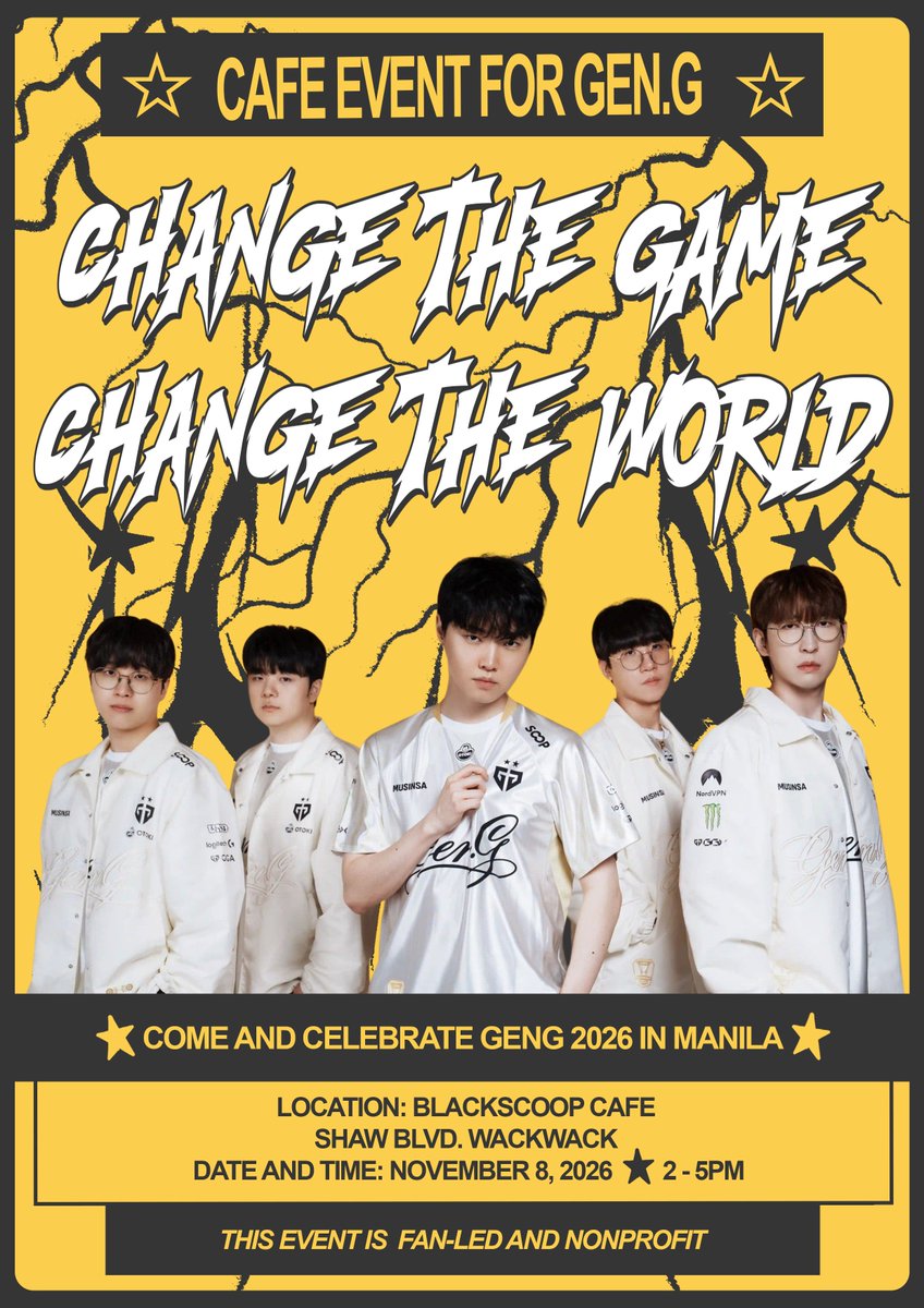 mxlaylom's tweet photo. 𝘾𝙝𝙖𝙣𝙜𝙚 𝙩𝙝𝙚 𝙂𝙖𝙢𝙚 𝘾𝙝𝙖𝙣𝙜𝙚 𝙩𝙝𝙚 𝙒𝙤𝙧𝙡𝙙 
✮✮  GENG 2026 Cafe Event in Manila

📍Blackscoop Cafe - Shaw Blvd. WackWack
📅November 8, 2026 | 2-5PM

Register here: https://t.co/HdI35mvIcl

see you tigernation ✮⋆˙ 

#GenGCafeManila https://t.co/hN6nfB1xvz