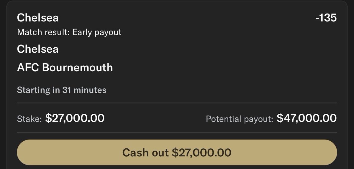 Eric_lockz's tweet photo. Just bet $27K on Chelsea to beat Bournemouth. @Playbook https://t.co/QjOblgKKIX