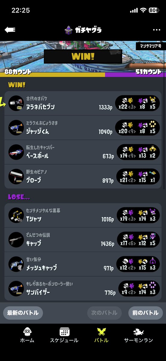 Nuru0754's tweet photo. こいつら、自分の明らかに不注意のせいでチャクチでやられたのに途端にデスナイスとジャンプ連打始めた💩ね。自分が上手いのかと思ってるんかもしれんけど塗りポイントもスペシャルもキルもデスの少なさも君たち以上だからね。あと攻めのキルの起点全部俺だからね。 https://t.co/7r41A1AzB6