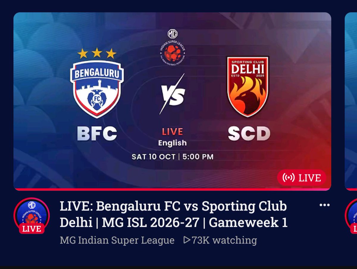 creativerse005's tweet photo. Decent live watching for the opening match of isl, on Youtube.
English- 73k
Hindi- ~30k
Total- comfortably crossed 100k 🔥
#isl #indiansuperleague
#bfc #bfcvsscd
#indianfootball https://t.co/NfFpgvgdyl