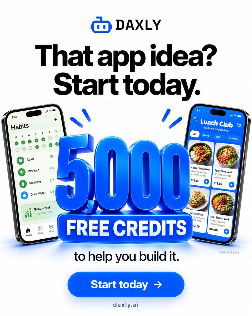 Daxlyai's tweet photo. That app idea you keep describing to people.

5,000 free credits to help you finally build it.

Start today at https://t.co/JoiGxdDMxh

#appidea #sideproject #nocode https://t.co/BSzAohcyde