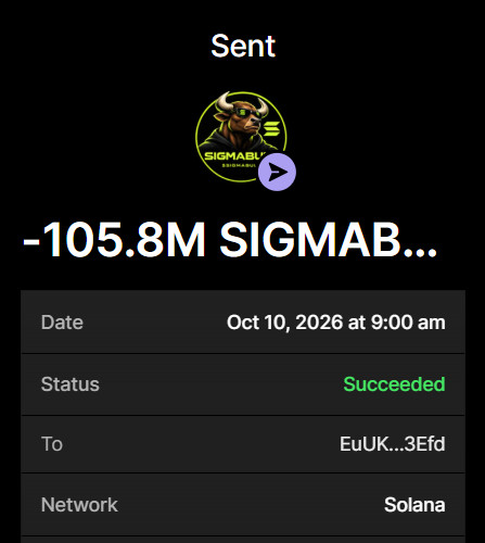 SigmaBullSol's tweet photo. 105.8M $SIGMABULL Successfully purchased ✅

Buy now before the presale ends

Send SOL To Presales Wallet:
EB6HcbQXufnxCeRxfJkngw4pNnbc5Ymwh5usGVmrngAH
 
Txn: https://t.co/Hg4V89rD1i

Min buy: 0.2 SOL Max: 10 SOL

0.2 SOL → 40,000,000 $SIGMABULL
0.5 SOL → 100,000,000 $SIGMABULL
1 SOL → 210,000,000 $SIGMABULL

Retweet pinned post & Drop SOL Address for 500,000 SIGMABULL #Airdrop