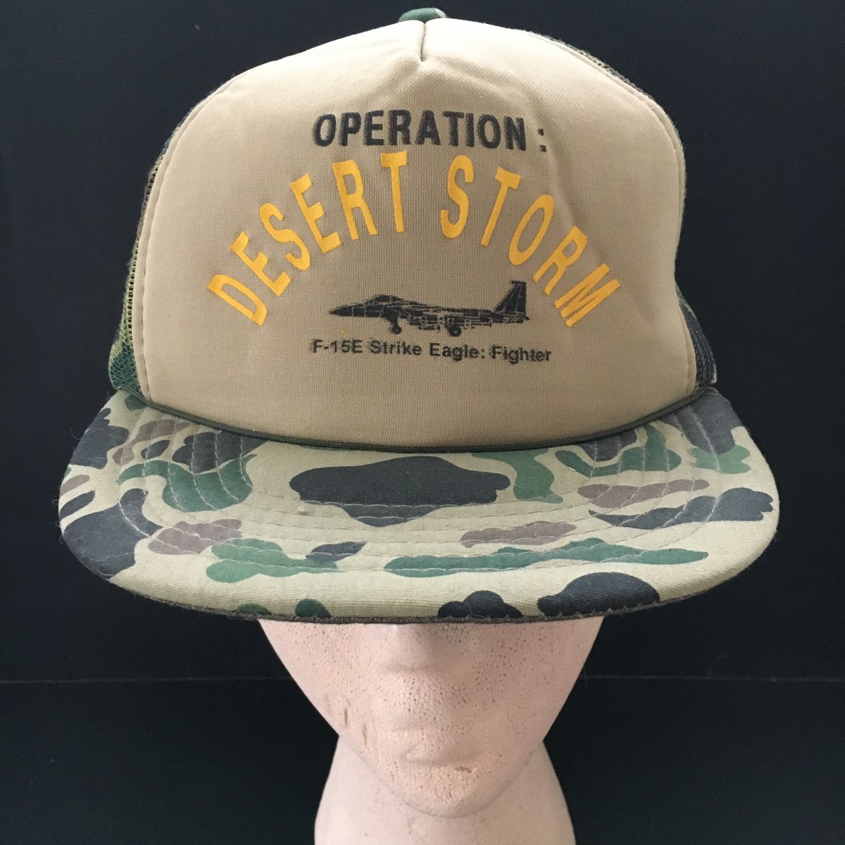 SomewareInTime's tweet photo. Check out Vintage OPERATION DESERT STORM F-15E Camo Mesh Snapback Trucker Hat Cap 90's https://t.co/s1vloNjKWF #eBay via @eBay https://t.co/kyHJS34IuU