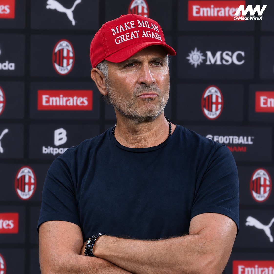 MilanWireX's tweet photo. 🚨😭 Gerry Cardinale turns up at Milanello wearing a “MAKE MILAN GREAT AGAIN” hat. 

The AC Milan owner was spotted in the front row during Ruben Amorim’s press conference ahead of tomorrow’s clash with Sassuolo. https://t.co/widciGMUiT