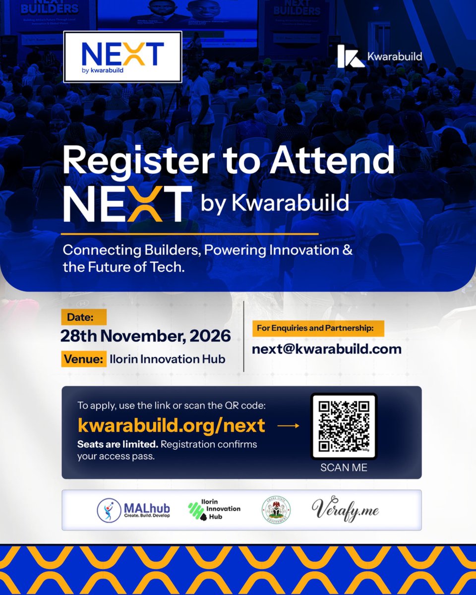 KB_WomenInTech's tweet photo. #NEXTbyKwaraBuild is officially here.

We’re bringing together the minds powering the next wave of innovation, tech talent, and impactful ideas.

🗓️: 28th November, 2026
📍: Ilorin Innovation Hub
 🔗: https://t.co/jkQQovsq5d

Join us https://t.co/A539WvVMD9