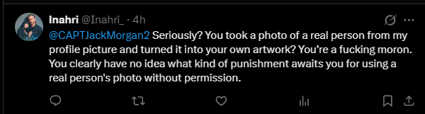 CAPTJackMorgan2's tweet photo. Get a load of this guy! What a load of crap. And I'll tell you right now, you report something like that to Interpol and they will tell you to kick rocks. These are my images created using my prompts. You don't want this smoke pal. https://t.co/Ua3M2oCeHw