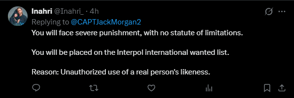 CAPTJackMorgan2's tweet photo. Get a load of this guy! What a load of crap. And I'll tell you right now, you report something like that to Interpol and they will tell you to kick rocks. These are my images created using my prompts. You don't want this smoke pal. https://t.co/Ua3M2oCeHw