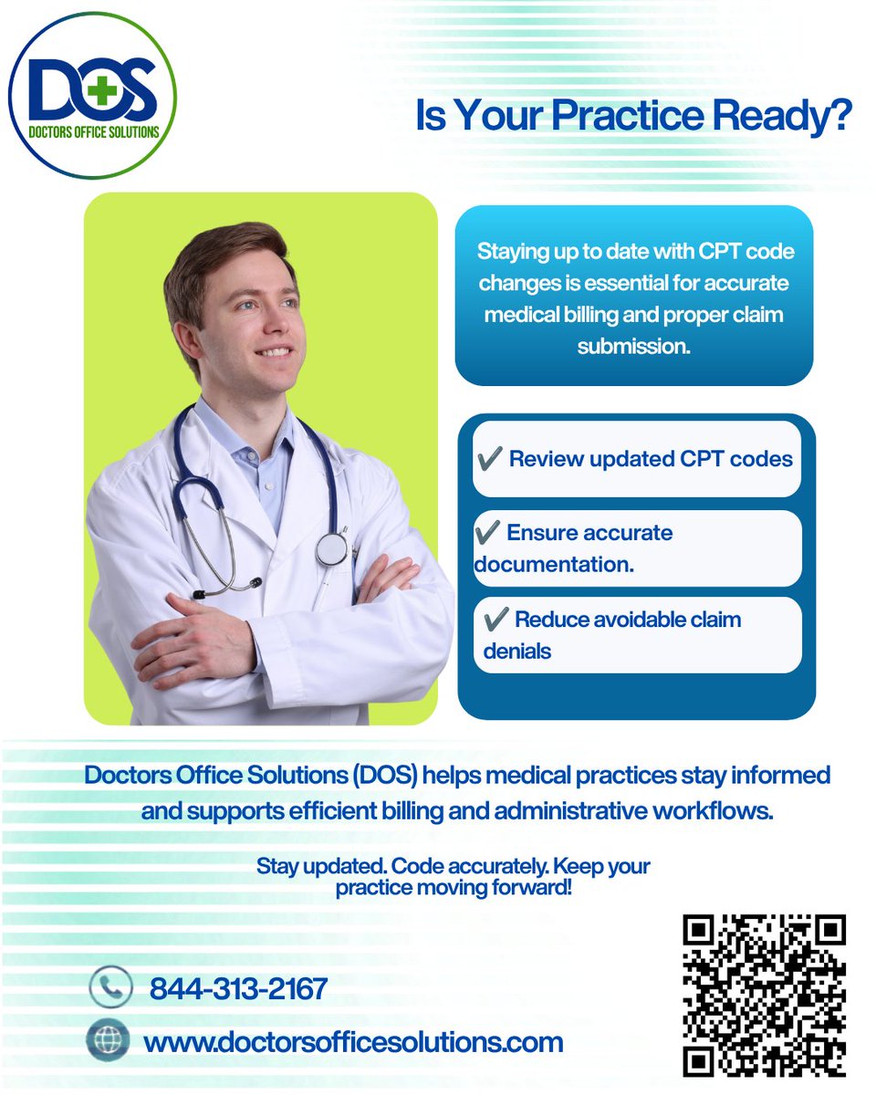 DoctorsOfficeS's tweet photo. Is Your Practice Ready?
 Staying up to date with CPT code changes is essential for accurate medical billing and proper claim submission.
✔️ Review updated CPT codes.
✔️ Ensure accurate documentation.
✔️ Reduce avoidable claim denials.

 #HealthcareUpdates #DoctorsOfficeSolutions https://t.co/IPU9EZENN4