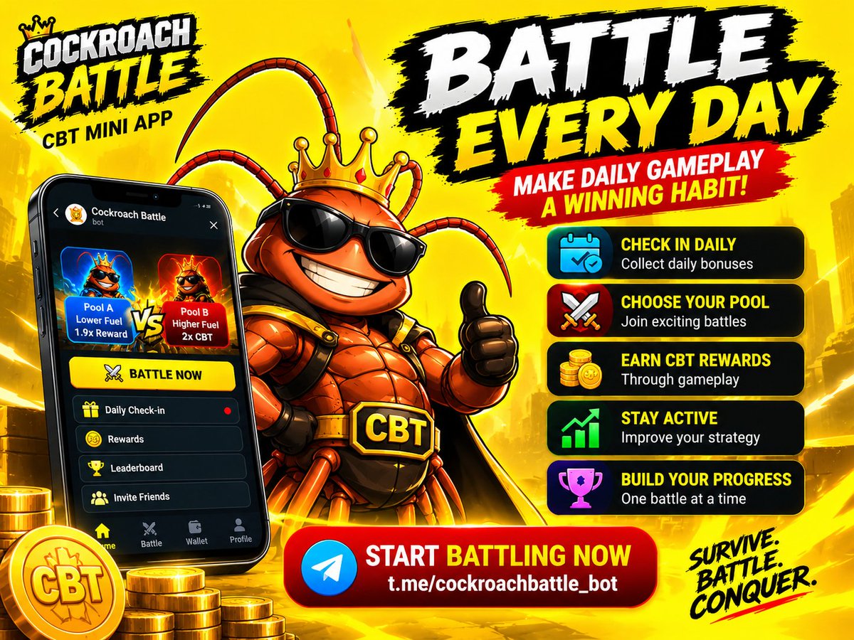 cockroachbattle's tweet photo. 🎮🔥 BATTLE EVERY DAY! 🪳🥊

⚡ Check in daily &amp; collect bonuses
🎯 Choose your pool &amp; compete
💰 Earn CBT rewards through gameplay
🏆 Stay active. Keep battling!
🚀 Make every day a Battle Day!
👉 https://t.co/gyTLKMJGUf
#CockroachBattle #CBT #GameFi #PlayToEarn https://t.co/Vp0J3TuCR7