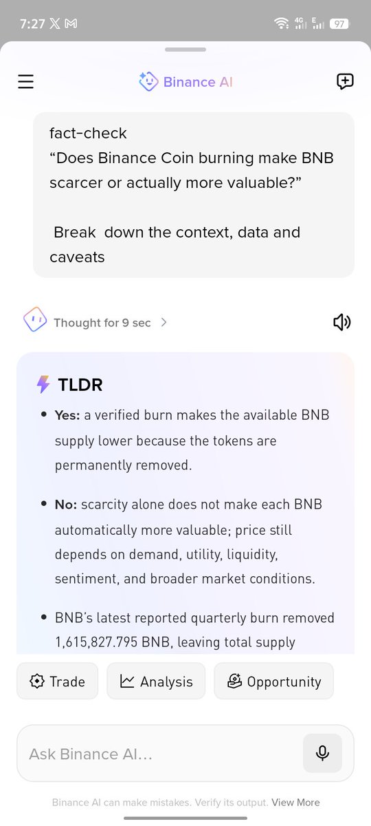0XRased's tweet photo. @binance 1/ 
Fact-checked a crypto claim with Binance AI 🔍
 
Claim: “Does Binance Coin burning make BNB scarcer or actually more valuable?”
 
Verdict: BNB burns do permanently reduce supply, making BNB scarcer mechanically. https://t.co/zxYGbrJl78