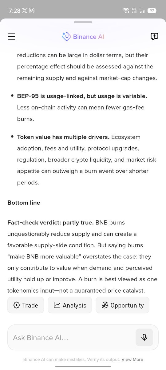 0XRased's tweet photo. @binance 1/ 
Fact-checked a crypto claim with Binance AI 🔍
 
Claim: “Does Binance Coin burning make BNB scarcer or actually more valuable?”
 
Verdict: BNB burns do permanently reduce supply, making BNB scarcer mechanically. https://t.co/zxYGbrJl78