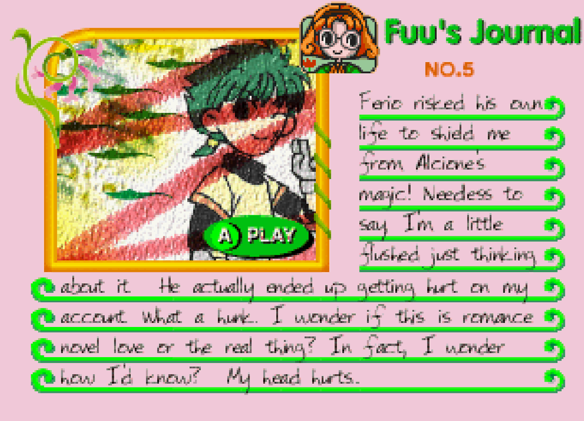 randointernet2's tweet photo. Im playing the rayearth dreamcast game, and a cute little thing about this game is that each of the girls have their own unique diary that retells the story through the lens of each knight.

I LOVE that they all have their own different looking artstyles and books, thats so cool https://t.co/HzMrnQa52s